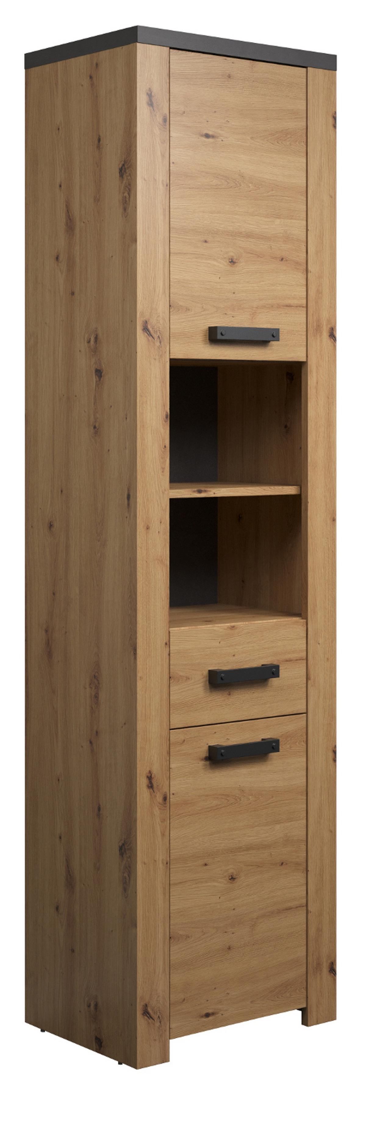 HOCHSCHRANK Eiche Artisan, grau 53 x 196 cm, Badschrank mit 6 Fächern und Vollauszug - Eichefarben/Schwarz, Holzwerkstoff/Kunststoff (53/196/35cm) - Top.Furn