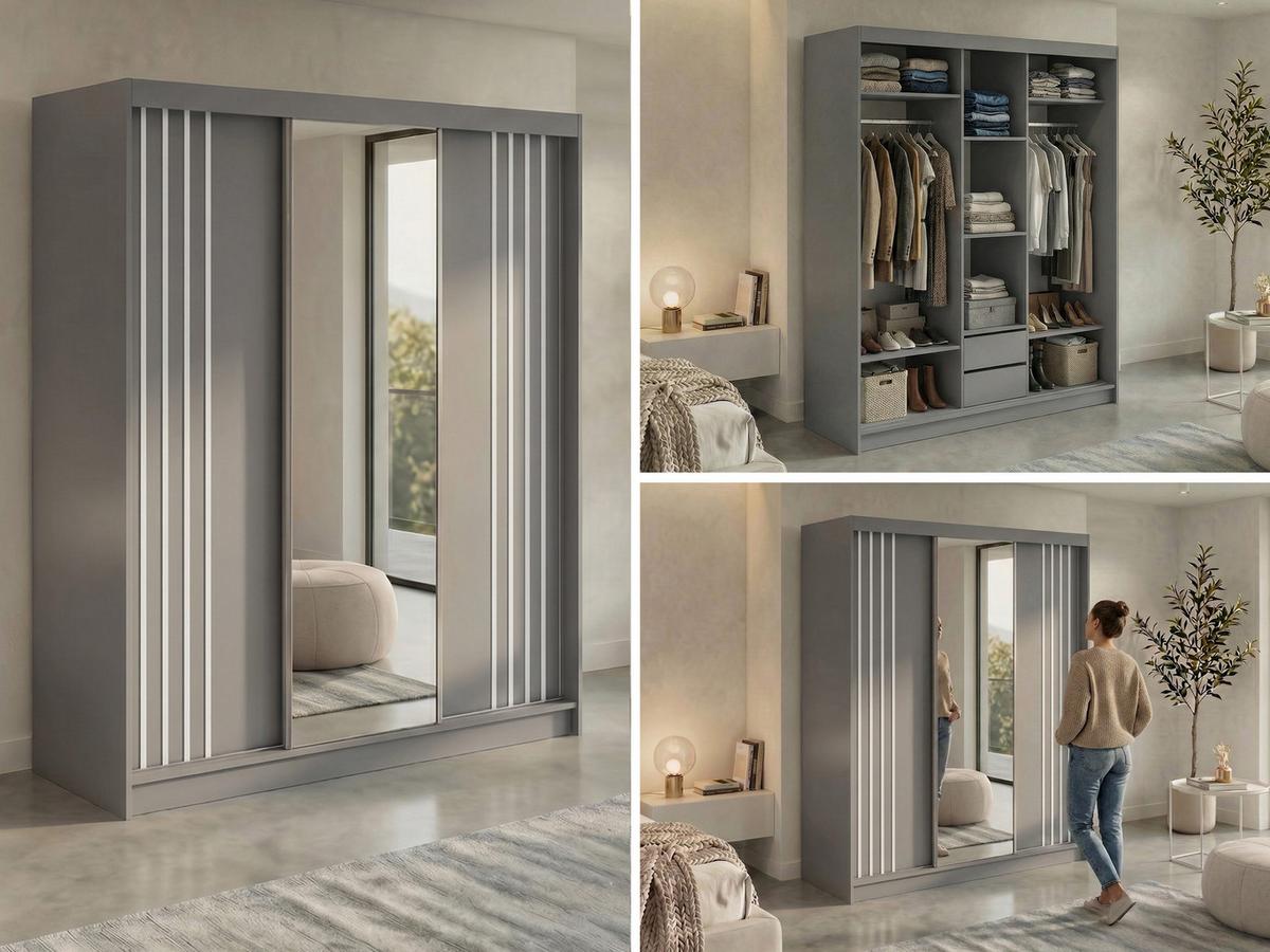 SCHWEBETÜRENSCHRANK mit Lamellen, Spiegel und Schubladen DIANA - 180 - Grau und Weiß - Alufarben/Weiß, Holzwerkstoff/Metall (180/216/61cm) - MKS