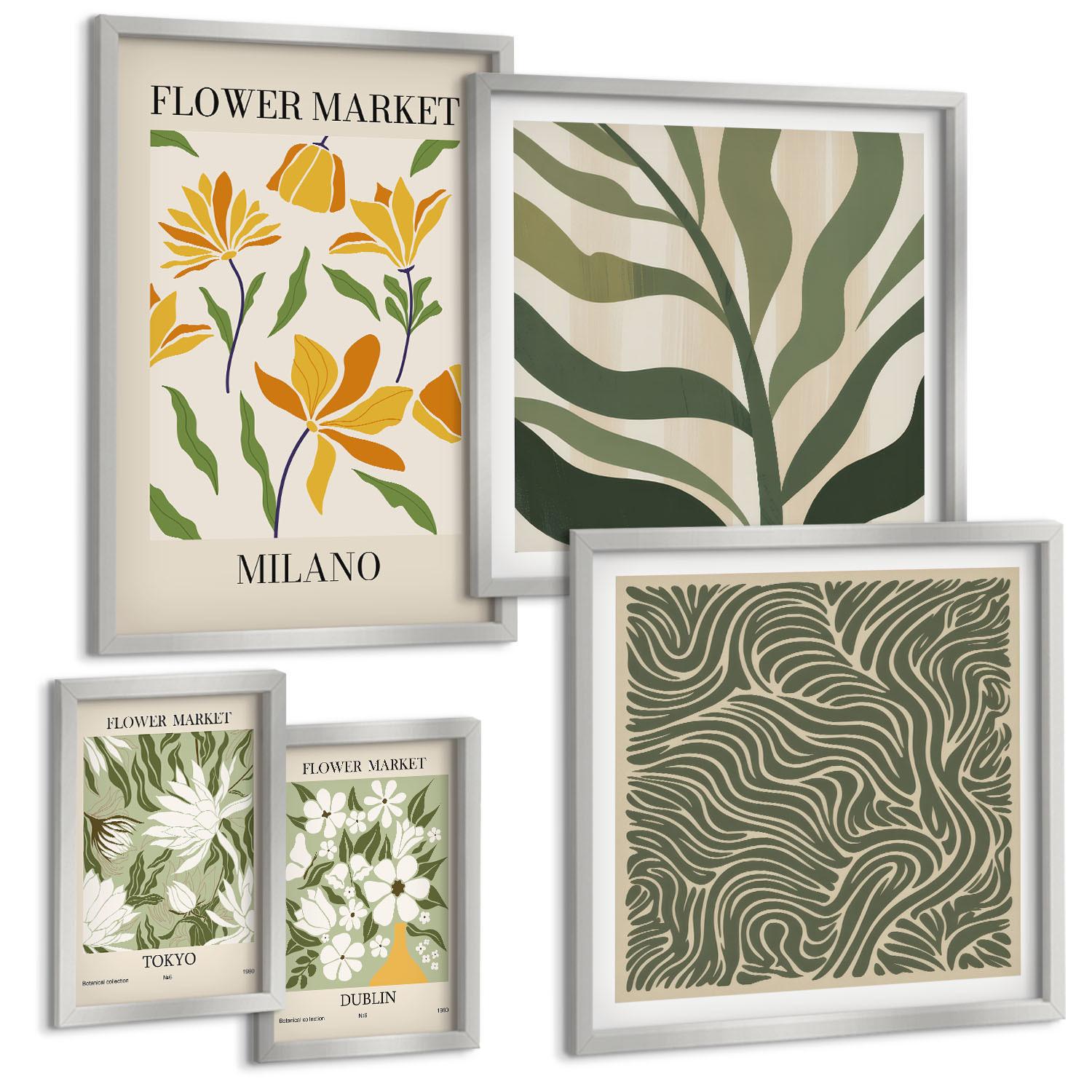 BILDER SET 5er Set - 50x50 cm & 20x30 cm & 40x60 cm Silberner Rahmen - Pflanzenmuster, Boho-Dekorationen - Silberfarben, Kunststoff (40/60cm) - TULUP