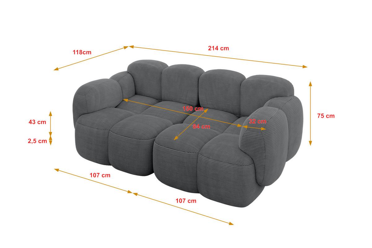 2-SITZER modulares Sofa Miko-S1 214x118x75 cm Dunkelgrau Cord - Graphitfarben/Schwarz, Holzwerkstoff/Kunststoff (214/75/118cm) - ALTDECOR