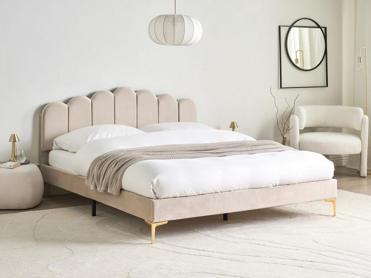BETT mit Lattenrost 160/200 cm Samtstoff Beige Sauvian - Beige, Textil (160/200cm) - Beliani