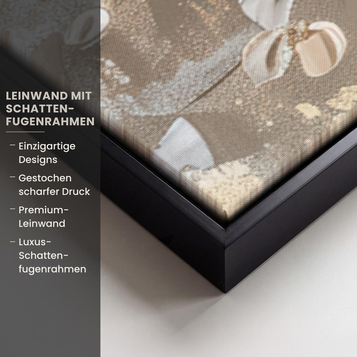 LEINWAND Bilder mit Rahmen - Blumen - Weiß - Gold - Beige - Luxus - 150x100 - Greige, Textil (150/100cm) - MuchoWow