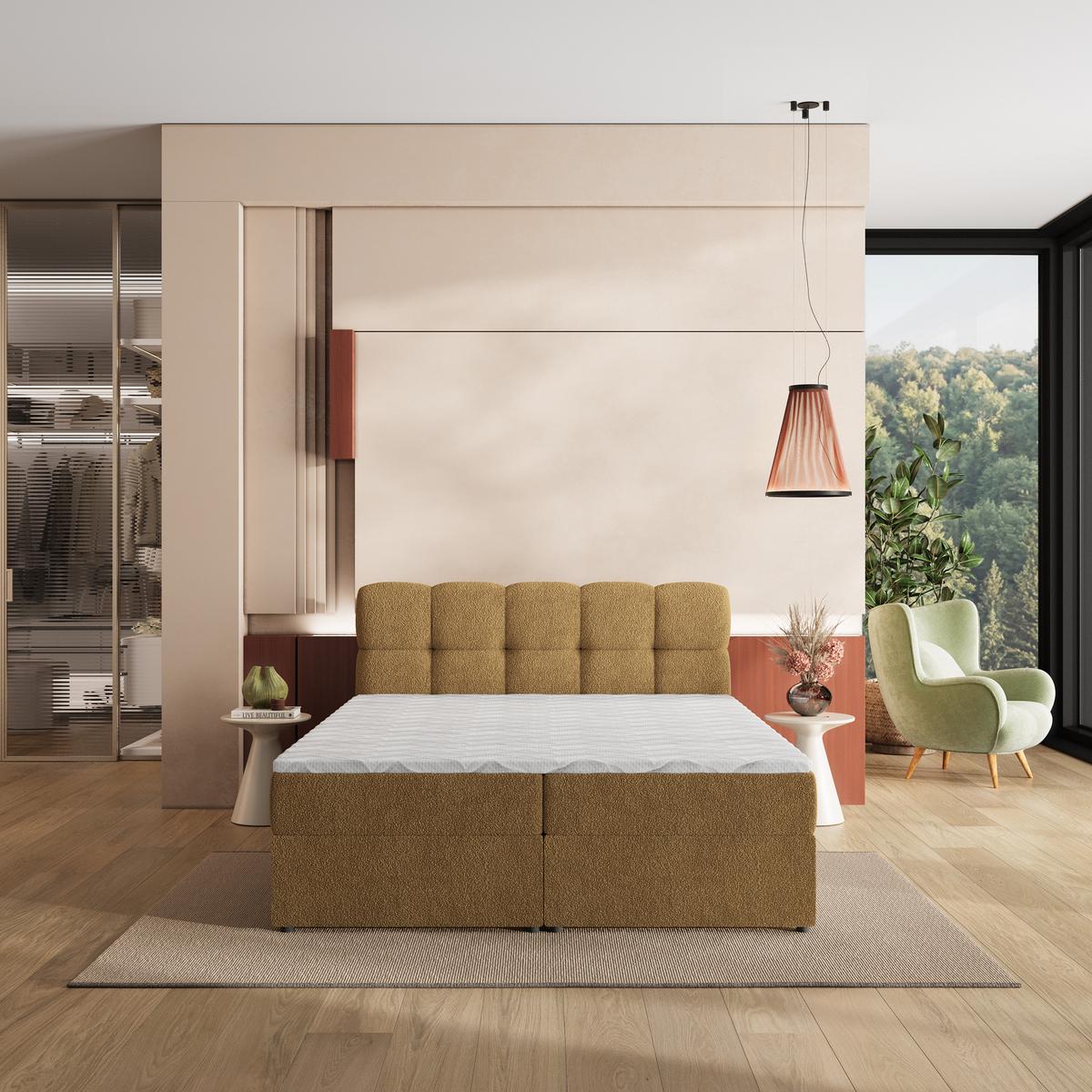 BOXBETT MERU 200x200 cm mit Matratze und Topper, H2+H3 - Orange - Orange, Holz (200/200cm) - MASSENO