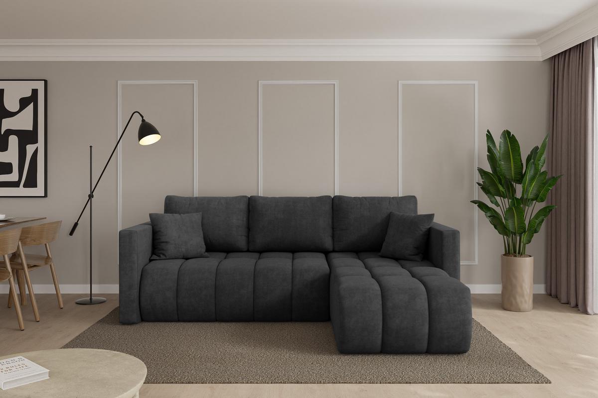 ECKSOFA mit Schlaffunktion Ottomane Rechts GARD-L 226x146x85 Dunkelgrau Velours - Anthrazit/Schwarz, Holzwerkstoff/Kunststoff (226/146cm) - ALTDECOR