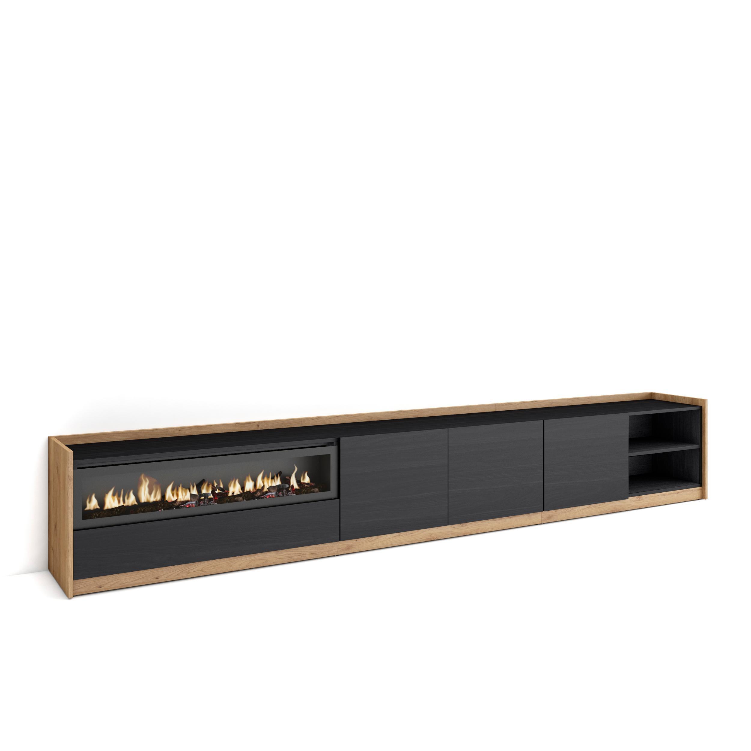 LOWBOARD, Schwarz Eiche, Elektrokamin, 310/37/50cm - Schwarz, Holzwerkstoff (310/50/37cm) - Skraut Home