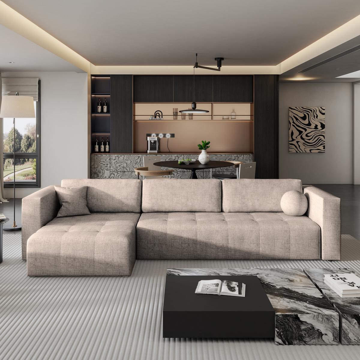 ECKSOFA OLVERA Beige Geflochtener Stoff mit Schlaffunktion - Beige, Holz (347/148cm) - MASSENO