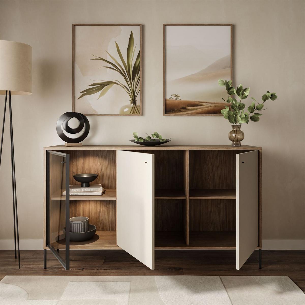 KOMMODE ISA 3D, dreitürig mit LED-Beleuchtung auf hohen Beinen. - Eichefarben, Holzwerkstoff (151/85/40cm) - Lookway