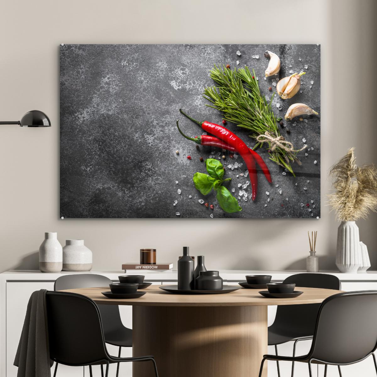 ACRYLGLASBILD Pfeffer - Kräuter - Gewürze - Beton Wandbild Schlafzimmer 120x80 cm - Dunkelgrau, Glas (120/80cm) - MuchoWow