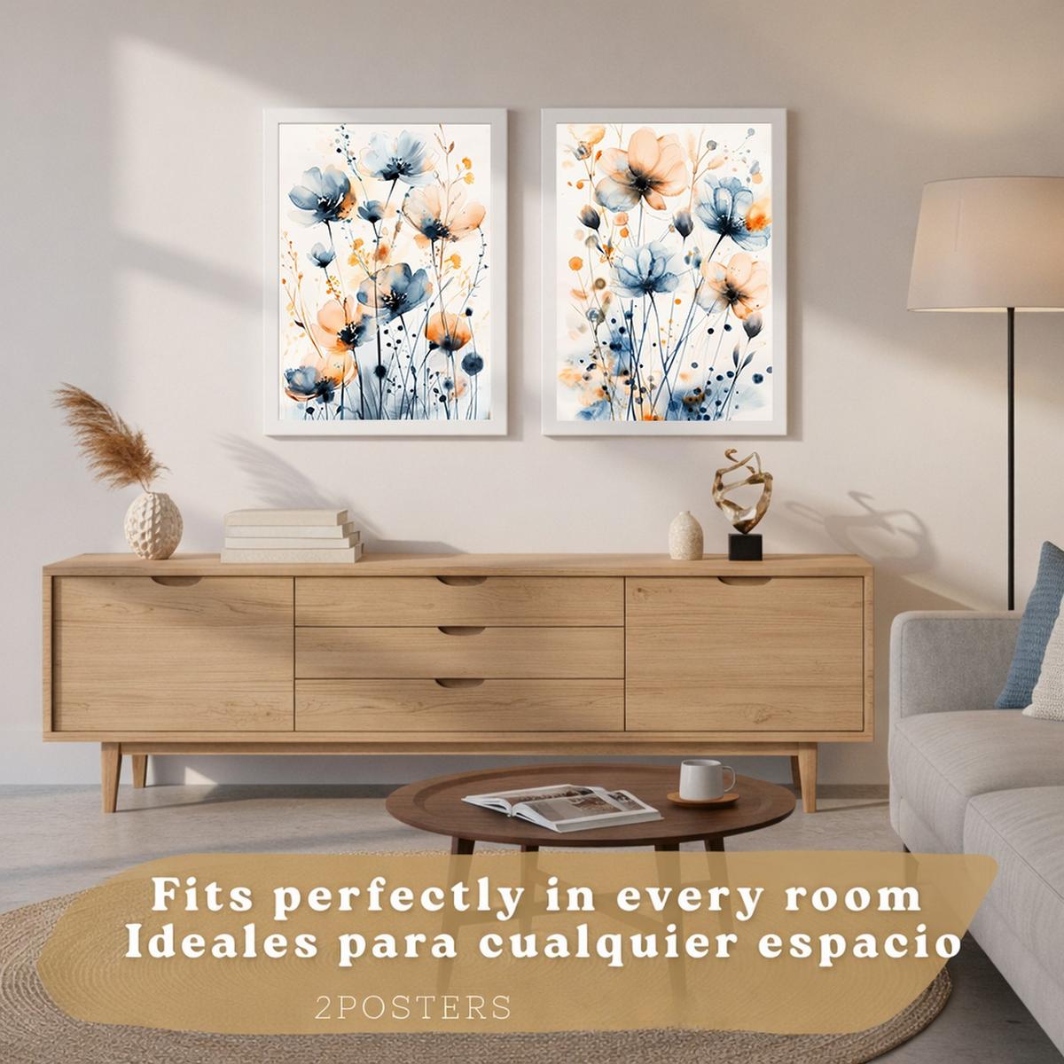 POSTER 2er -Set Wandbilder Blumen Blau Orange Boho modern Wohnzimmer Deko, Schlafzimmer, Küche, Badezimmer Rahmenlos A3 - Klar, Papier (29.7/1/42cm) - Nacnic