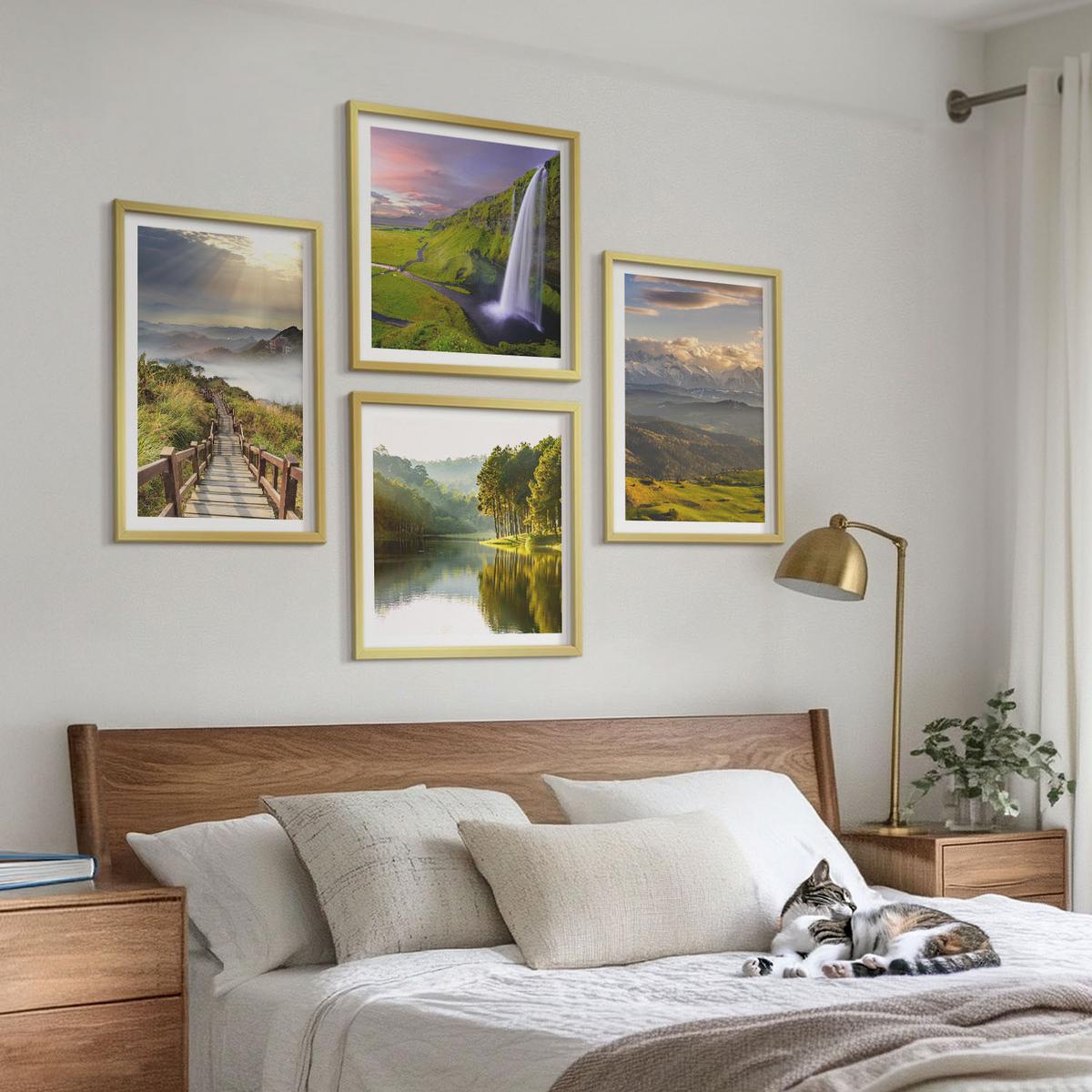 BILDER SET 4er Set - 50x50 cm & 40x60 cm Goldrahmen - Berglandschaften Wasserfall - Goldfarben, Kunststoff (50/50cm) - TULUP