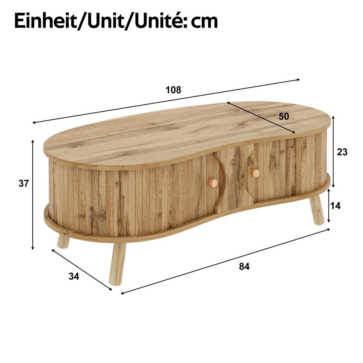 COUCHTISCH holzoptik & rillen-design erbsenform & schiebetüren - Naturfarben, Holzwerkstoff (50/108/37cm) - Urban Meuble