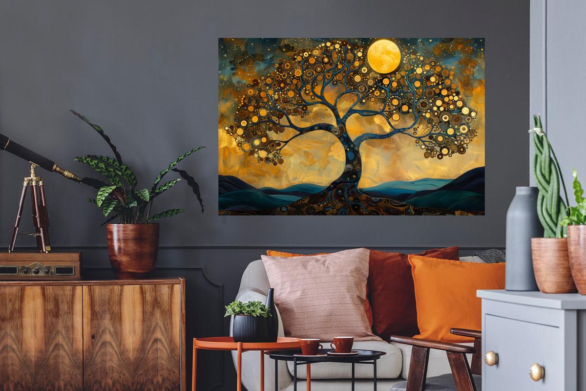WANDTATTOO Baum - Mond - Blumen - Gold - Kunst Wandsticker 120x80 cm - Orange, Kunststoff (120/80/0.1cm) - MuchoWow