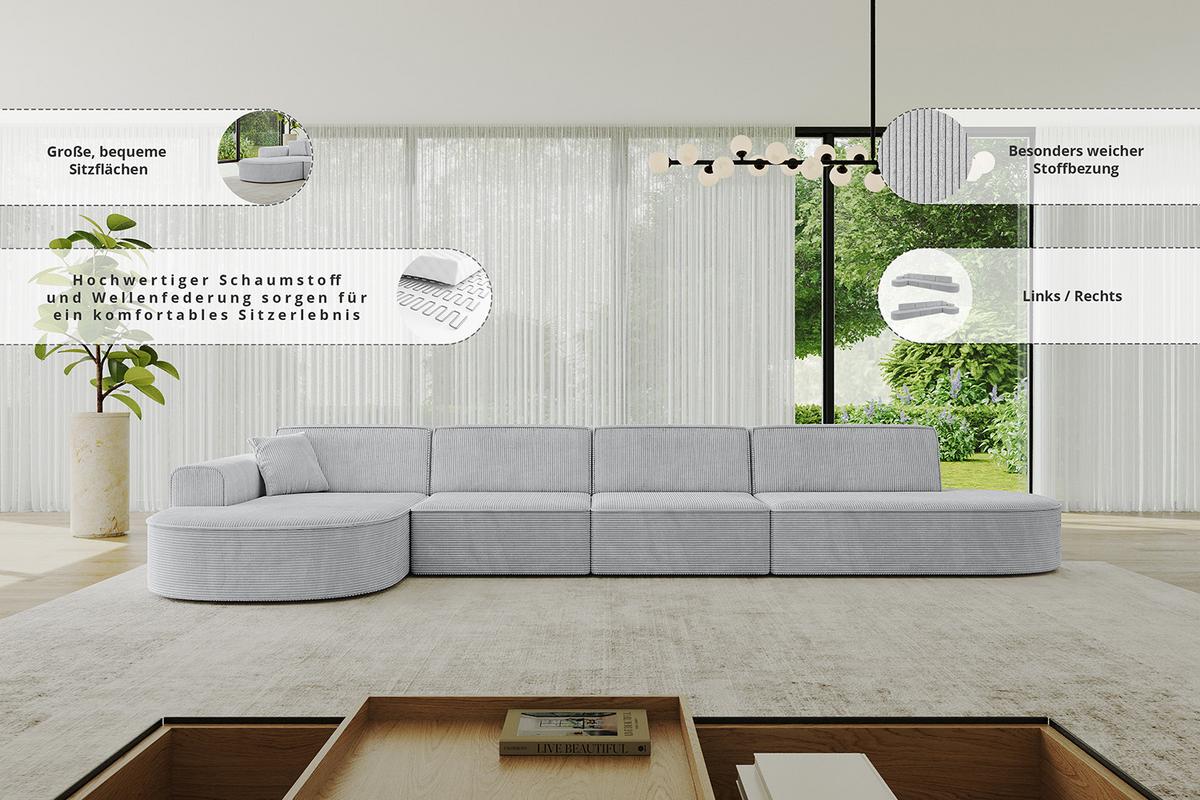 ECKSOFA Ottomane Links MARI-L3 - 413x171x79 cm Beige Cord - Beige/Schwarz, Holzwerkstoff/Kunststoff (165/406cm) - ALTDECOR