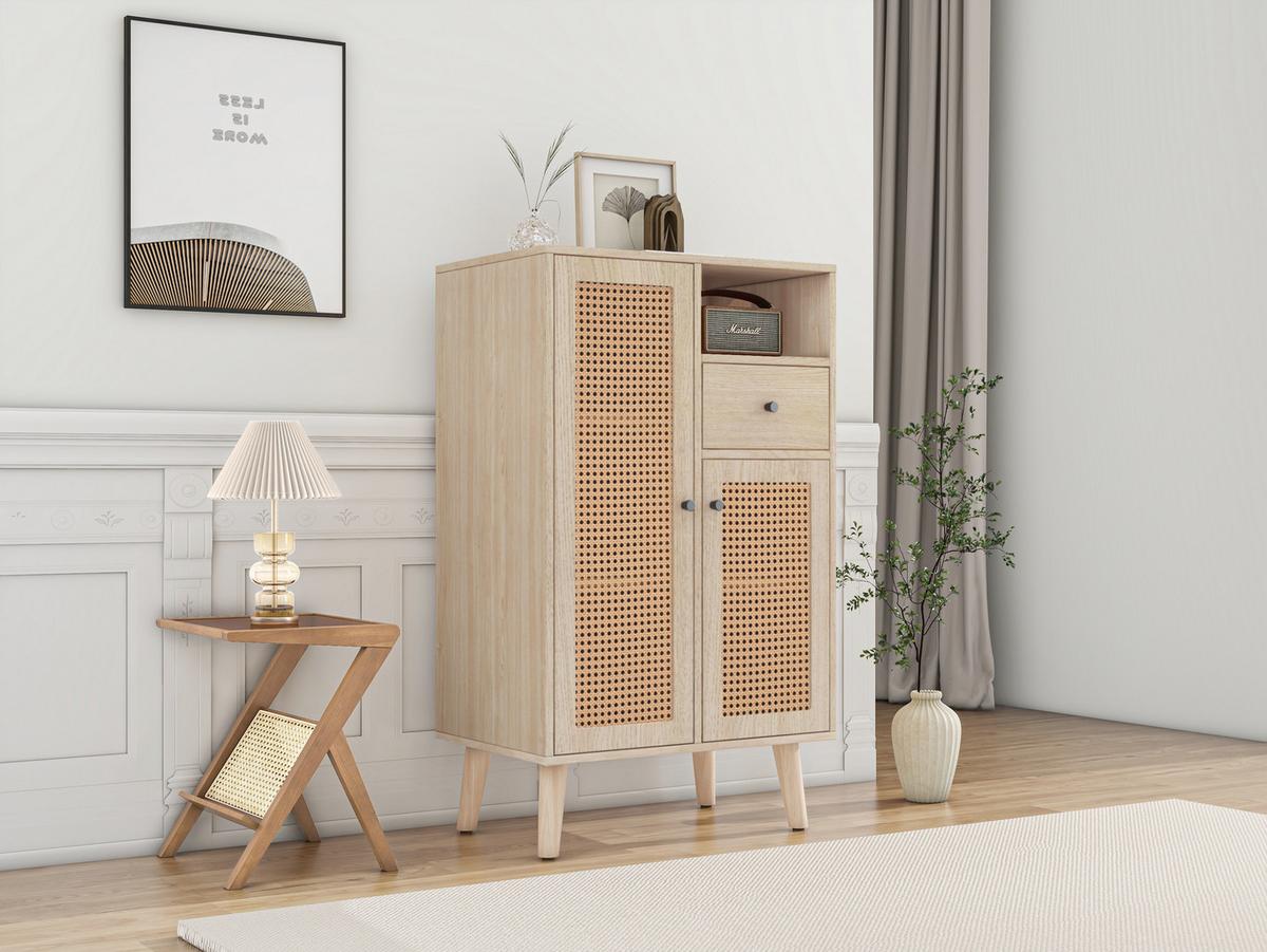 HIGHBOARD Eiche mit Rattanfronten und Schubladen - Eichefarben, Holzwerkstoff (60/101/40cm) - Urban Meuble