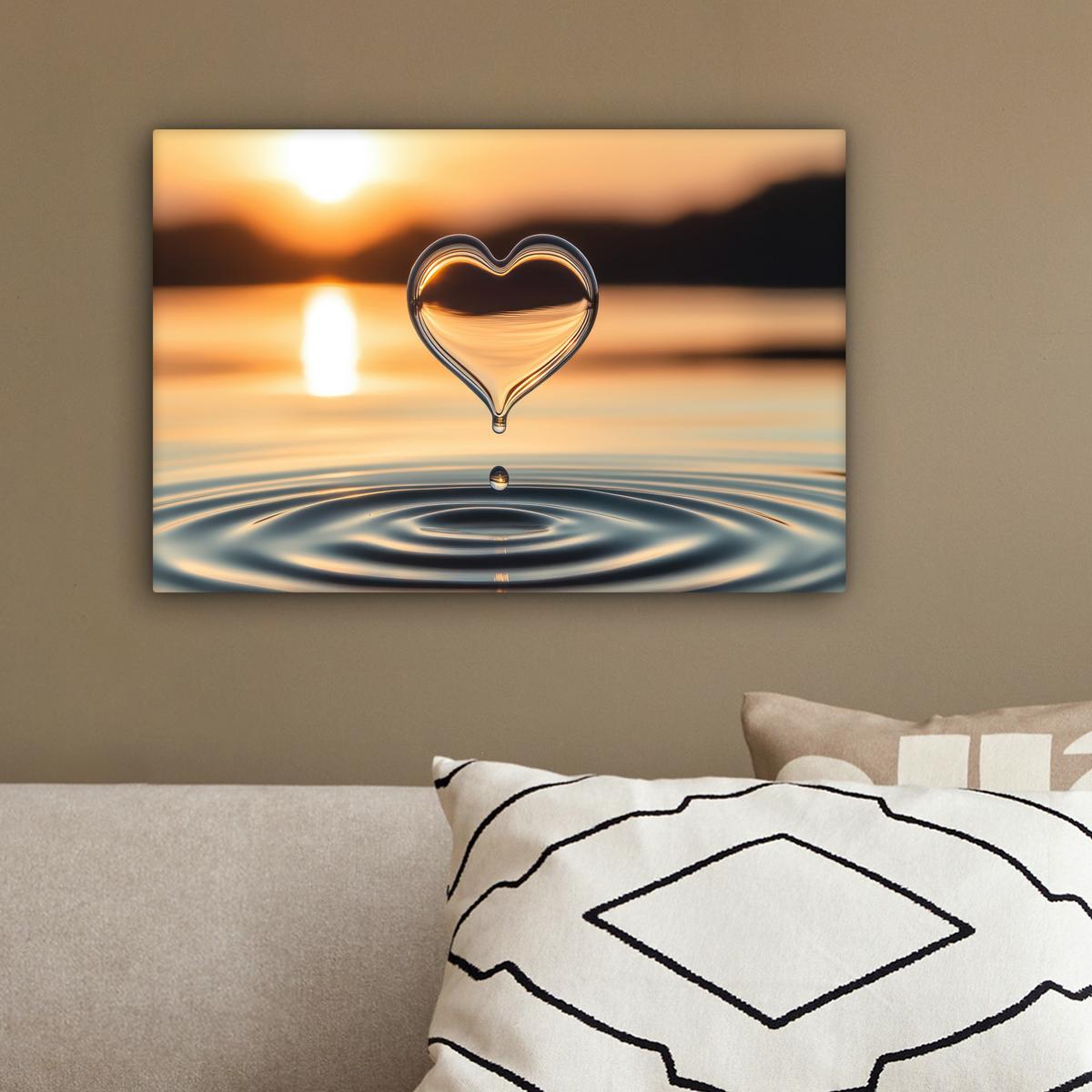 LEINWANDBILD Herz - Wasser - Sonnenuntergang - Natur - Zen Deko Schlafzimmer 30x20 cm - Bernsteinfarben, Textil (30/20cm) - MuchoWow