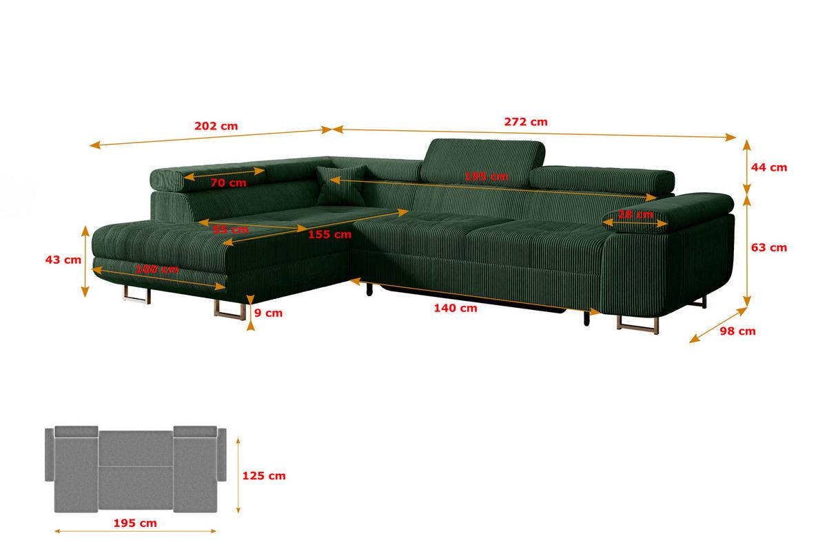 ECKSOFA mit Schlaffunktion und Bettkasten GUSA-L 272x202x107 cm Grün Cord - Silberfarben/Grün, Holzwerkstoff/Textil (202/272cm) - ALTDECOR