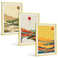 BILDER SET 3er Set - 40x60 cm Goldrahmen - Farbenfrohe Muster der Japandi-Flussberge - Goldfarben, Kunststoff (40/60cm) - TULUP