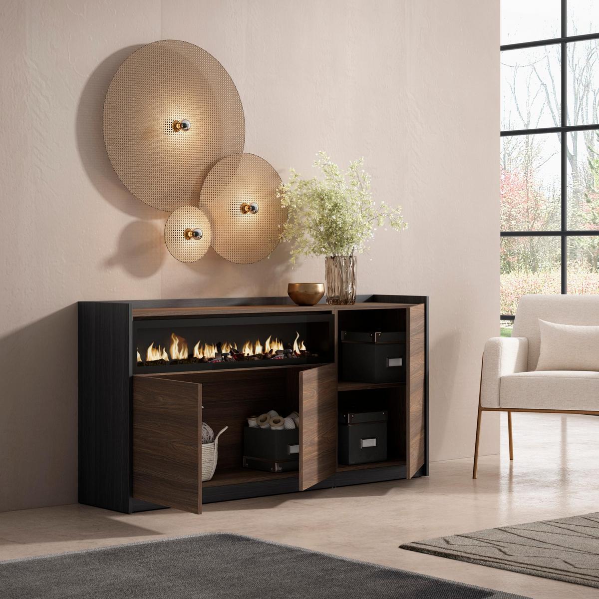 SIDEBOARD, Highboard, Dunkler Eiche und Schwarz, Elektrokamin, 156/37/80cm - Hellbraun, Holzwerkstoff (156/80/37cm) - Skraut Home