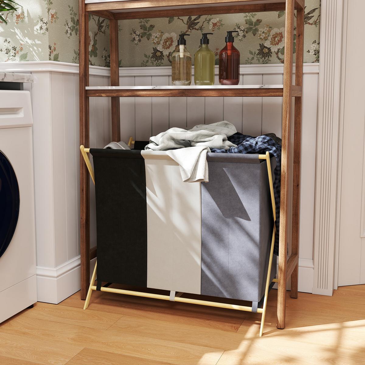 WÄSCHEKORB aus Bambus Leinenstoff Mehrfarbig - Multicolor, Naturmaterialien (48/67/75cm) - HOMCOM
