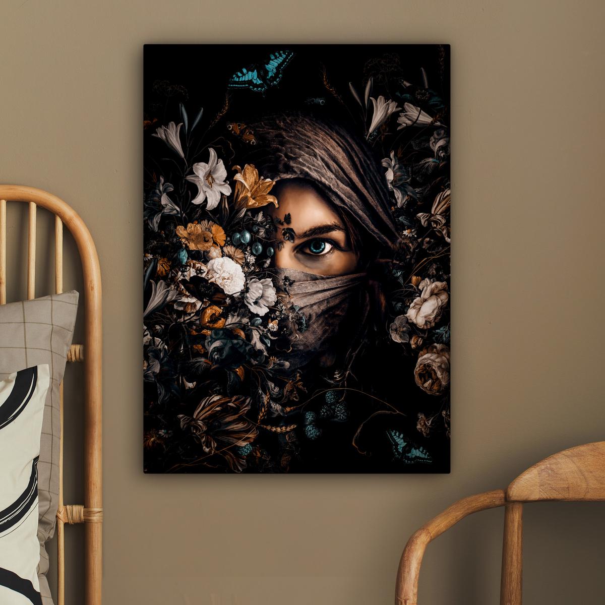 LEINWANDBILD Frau - Luxus - Blumen - Schmetterling - Porträt Wandbild Wohnzimmer 60x80 cm - Schwarz, Textil (60/80cm) - MuchoWow