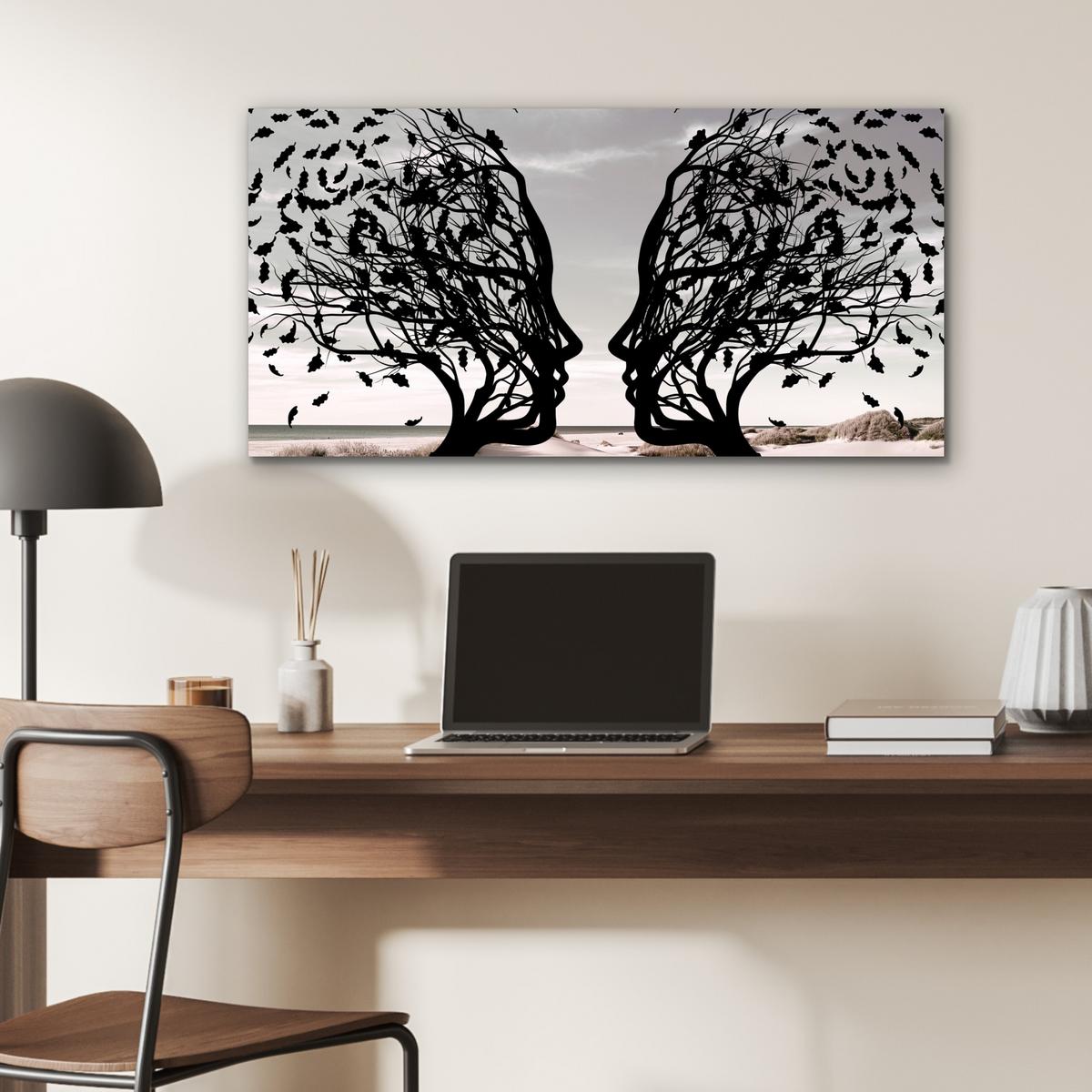 METALLBILD Strand - Meer - Menschen - Baum - Moderne Kunst 80x40 cm - Hellgrau, Metall (80/40cm) - MuchoWow