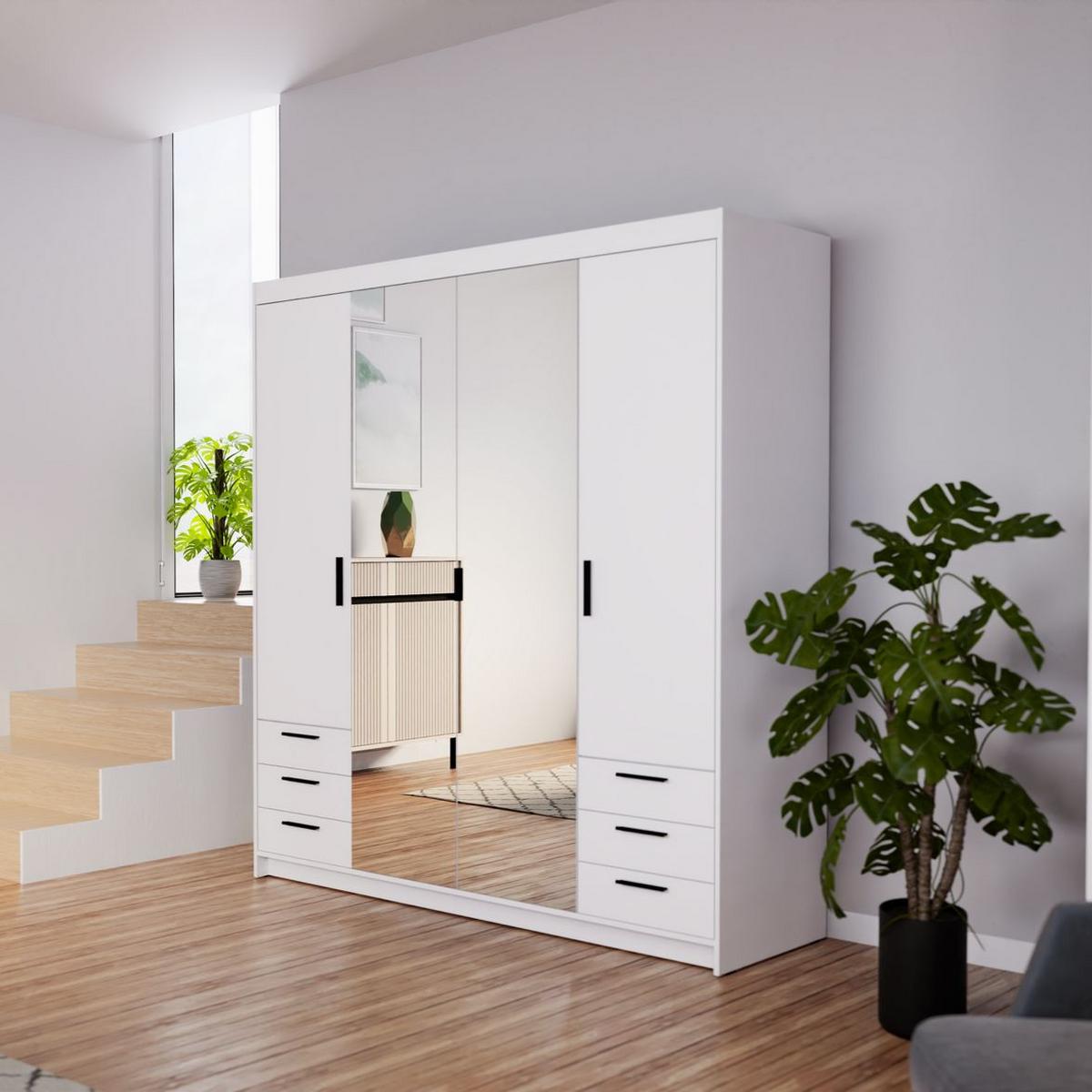 DREHTÜRENSCHRANK ELENORA 176,3/190,5/53cm 4-türig mit Spiegel Weiß - Weiß, Holzwerkstoff (176.3/190.5/53cm) - MASSENO