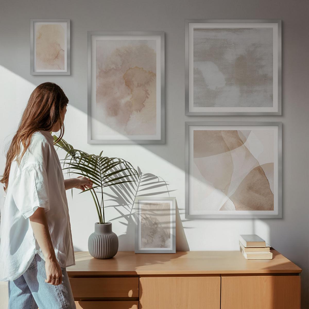 BILDER SET 5er Set - 50x50 cm & 20x30 cm & 40x60 cm Silberner Rahmen - Warme Aquarell-Pastelltexturen - Silberfarben, Kunststoff (40/60cm) - TULUP