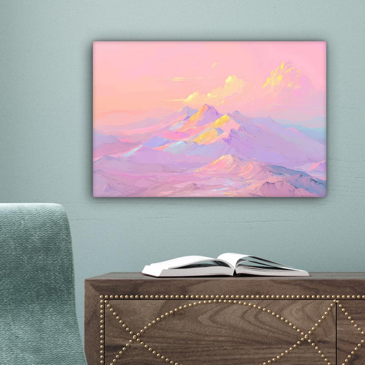 LEINWANDBILD Berggipfel - Wolken - Verträumt Deko Schlafzimmer 30x20 cm - Hellrosa, Textil (30/20cm) - MuchoWow