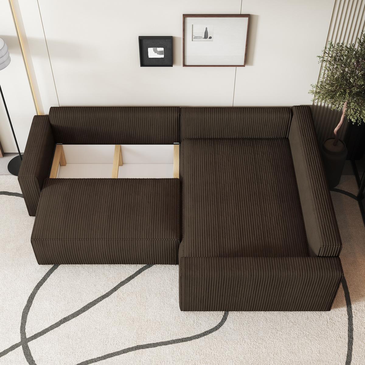 ECKSOFA ERONIS R-S Braun Kordstoff mit Schlaffunktion - Braun, Holz (265/194cm) - MASSENO