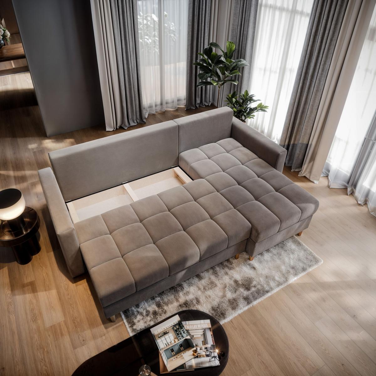 ECKSOFA MILO L Beige Plüsch-Stoff mit Schlaffunktion - Beige/Braun, Holz/Textil (220/140cm) - MASSENO