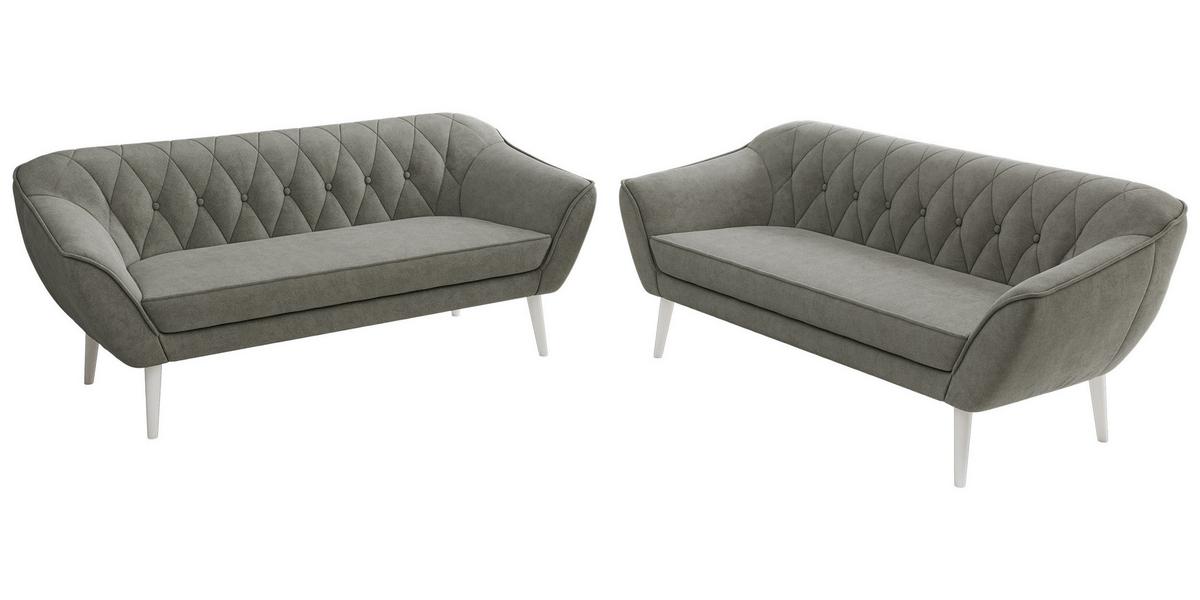 SITZGARNITUR PIRS 3+3 - Grau Strukture - Weiße Beine - Platinfarben/Weiß, Holzwerkstoff/Textil (180/75/74cm) - MKS