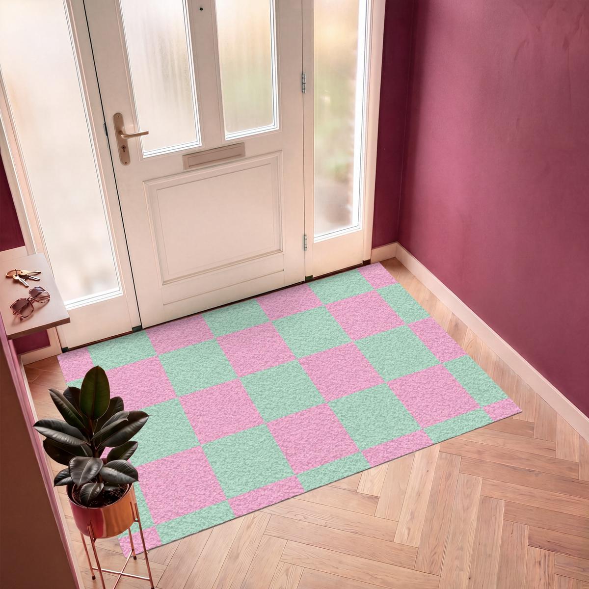 FUSSMATTE Schachbrettmuster - Grün - Rosa - Würfel Fußabtreter 180x120 cm - Mintgrün, Kunststoff (180/0.4cm) - MuchoWow