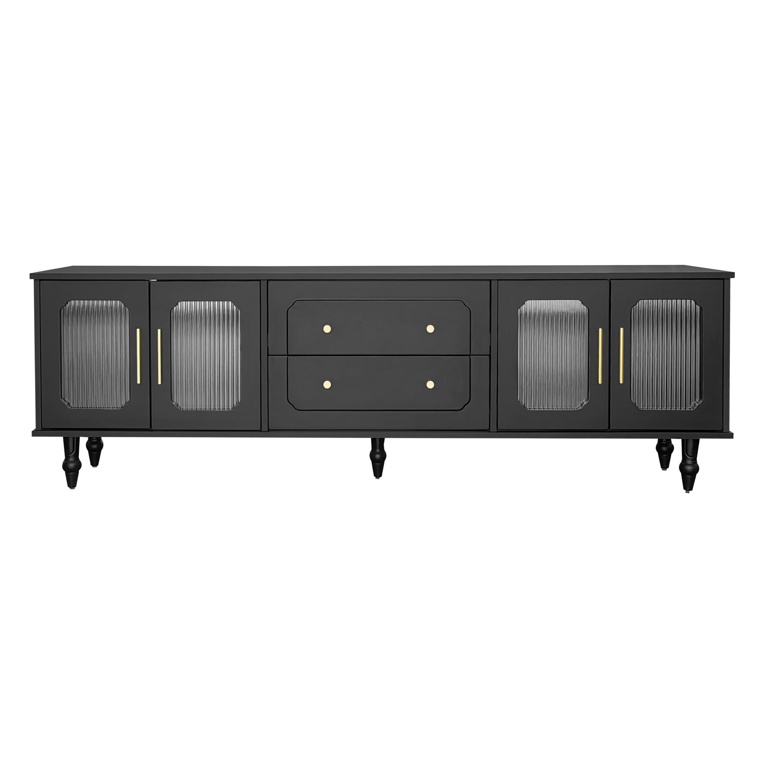TV-LOWBOARD Schwarz & Gold 175 cm mit geriffeltem Glas & Retro-Design - Schwarz, Holzwerkstoff (175/55.5/38cm) - Urban Meuble