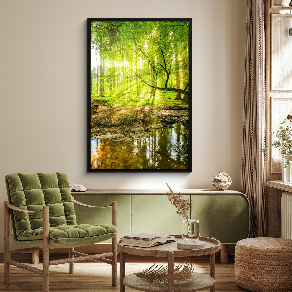 POSTER MIT RAHMENGERAHMTES BILD Wald - Landschaft - Wasser - Bäume - Sonne - Grün - Natur Bilderleiste 80x120 cm - Grün, Papier (80/120cm) - MuchoWow