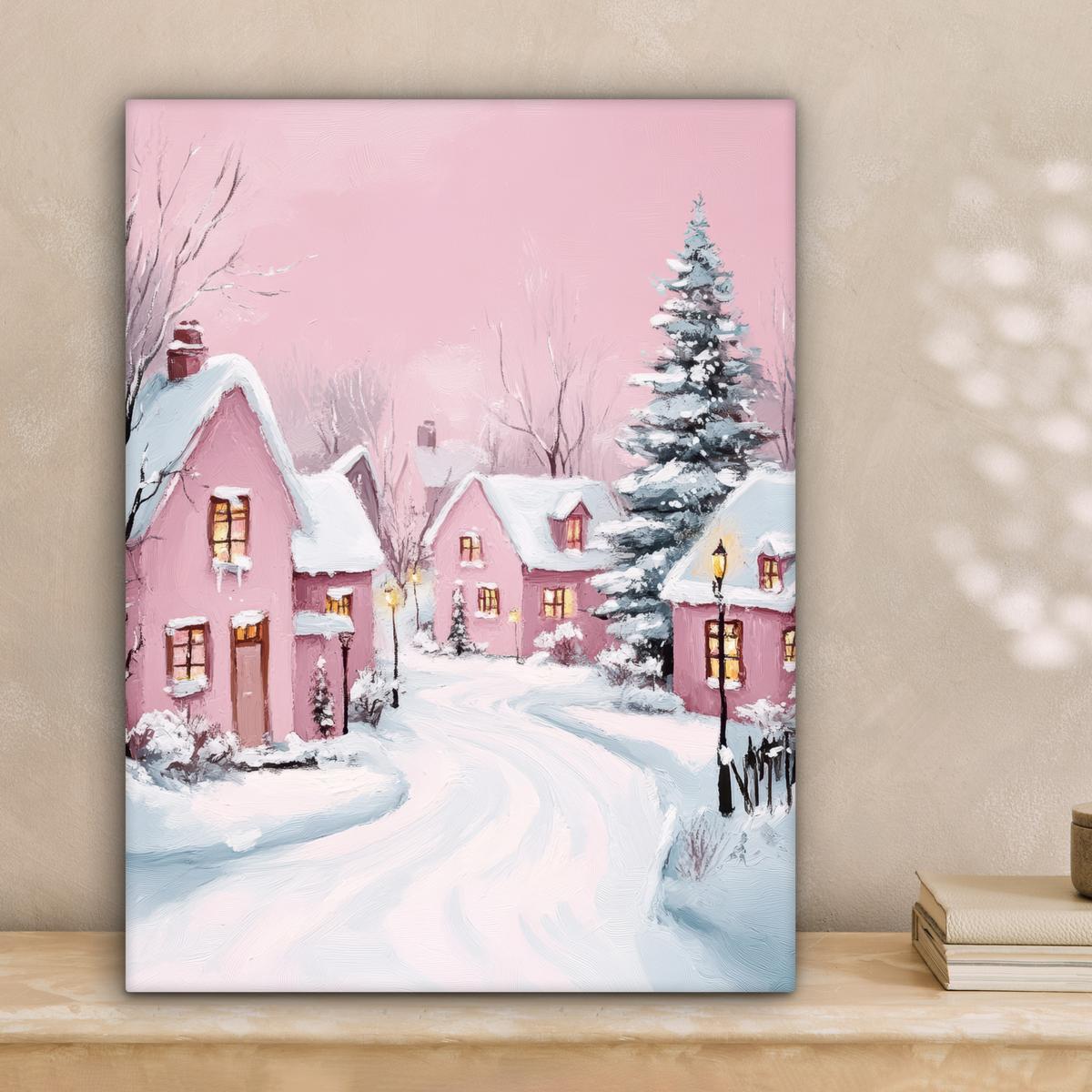 LEINWANDBILD Weihnachtsdorf - Rosa - Winter - Schnee - Häuser Room Decor 30x40 cm - Altrosa, Textil (30/40cm) - MuchoWow