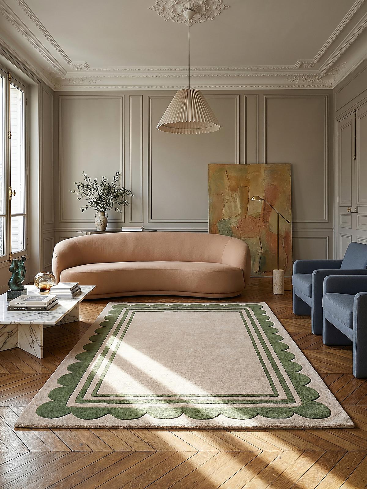 WOLLTEPPICH WENSUM, mit grafischem Muster mit Rahmen, Grün-Beige, 120 x 170 cm - Grün, Textil (170/120cm) - KADIMA DESIGN