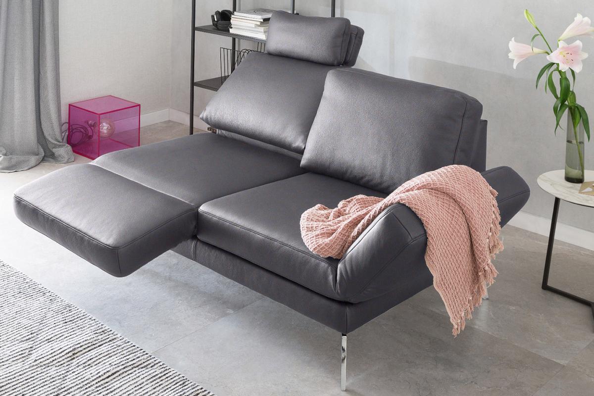 LEDERSOFA HURRICANE Grau Leder - Dunkelgrau/Silberfarben, Leder (170/87/141cm) - KAWOLA