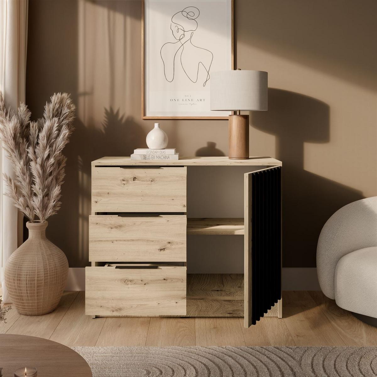KOMMODE NELA mit Lamellen, Artisan/Schwarz - Eiche Artisan, Holzwerkstoff (105/86/45cm) - Lookway