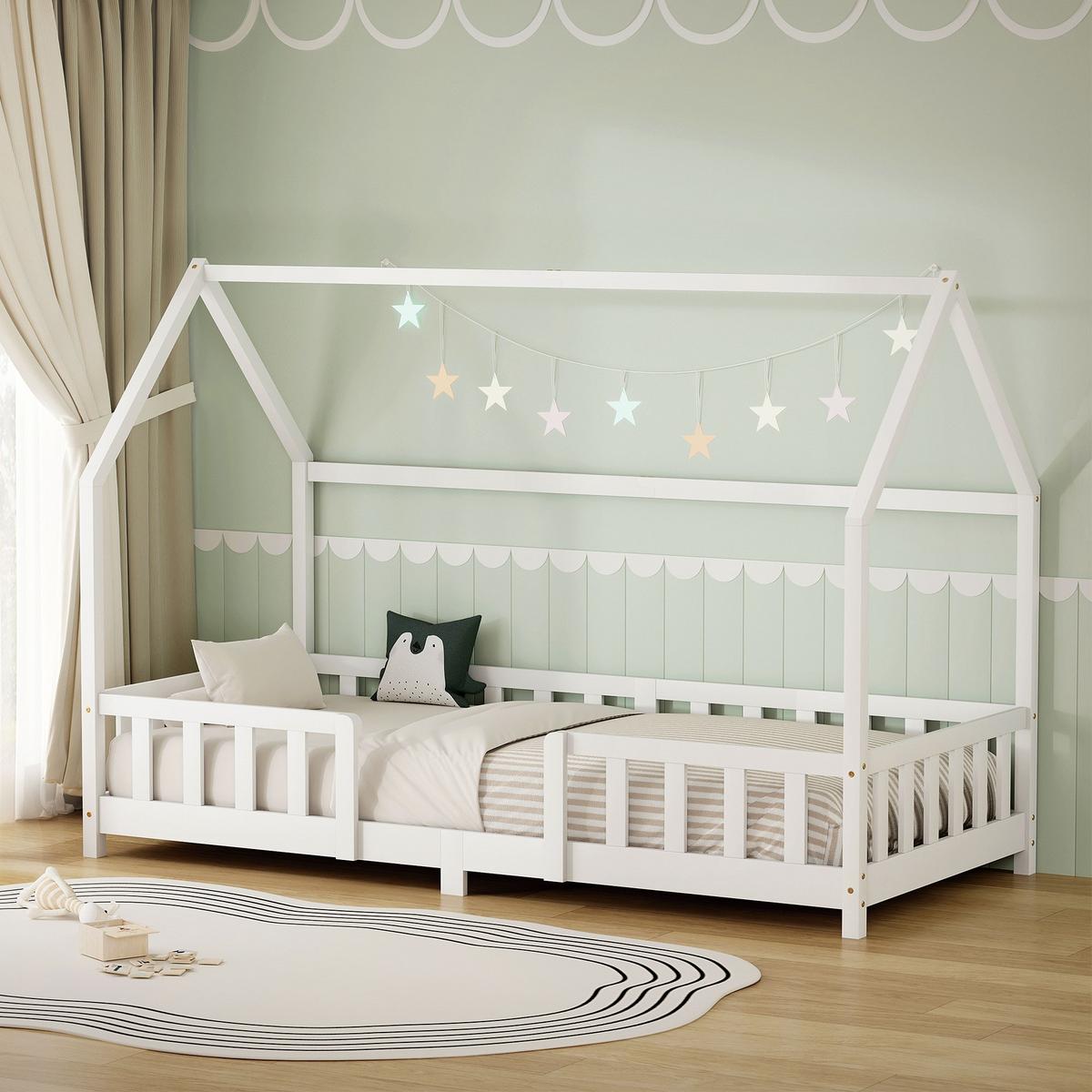 KINDERBETT 90x200 cm mit Rausfallschutz Weiß aus Kiefernholz - Weiß, Holz (90/200cm) - ML-DESIGN