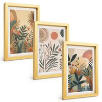 BILDER SET 3er Set - 20x30 cm Goldrahmen - Pflanzenmotive in gedeckten Farben - Goldfarben, Kunststoff (20/30cm) - TULUP