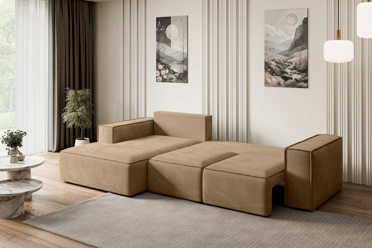 ECKSOFA mit Schlaffunktion und Bettkasten SERRA-L-S - 266x161x87 cm Beige Velours - Beige/Schwarz, Holzwerkstoff/Kunststoff (266/161cm) - ALTDECOR