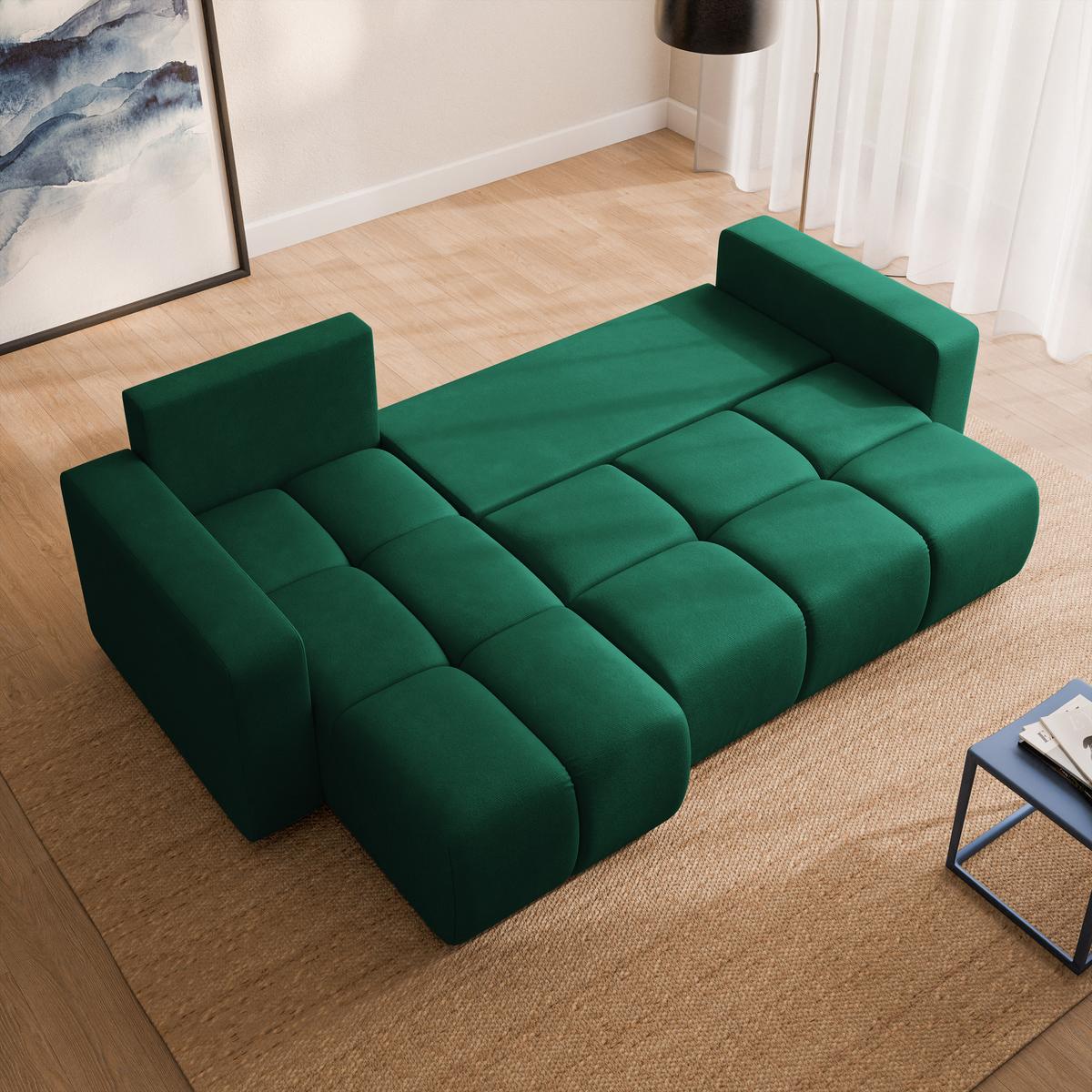 ECKSOFA RAMIL Grün Plüsch-Stoff mit Schlaffunktion - Grün, Holz (240/149cm) - MASSENO
