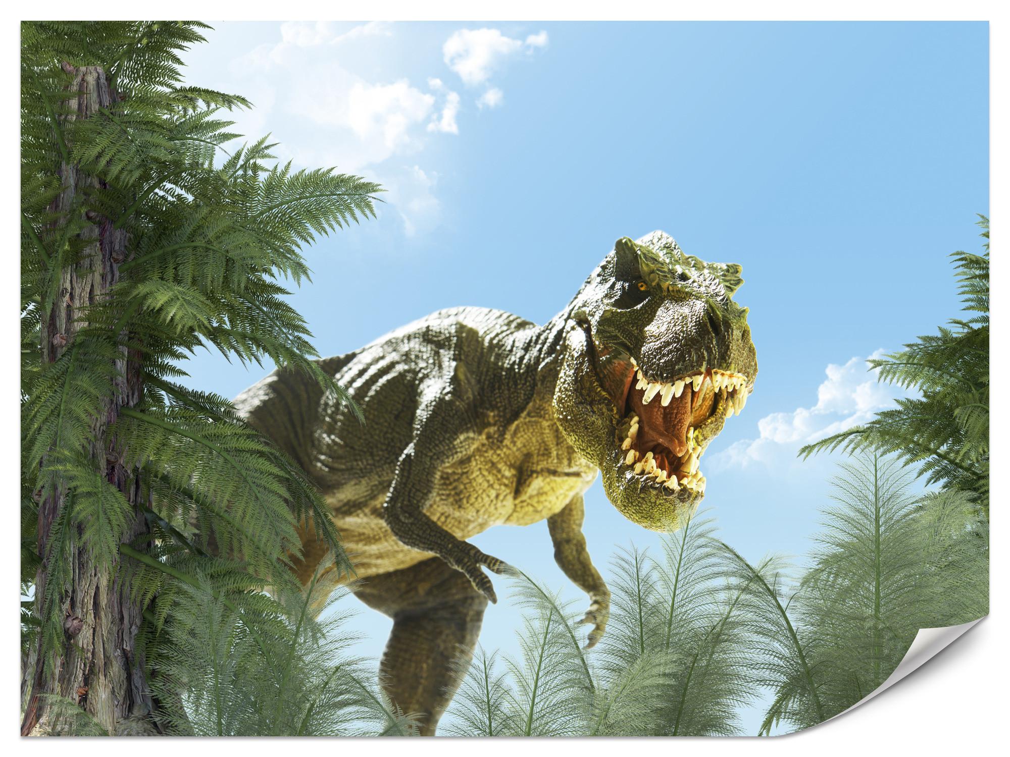 FOTOTAPETE für Jugendzimmer Riesen Dinosaurier Tropenwald Pflanzen 150x105 - Blau/Braun, Papier (150/105cm) - Muralo