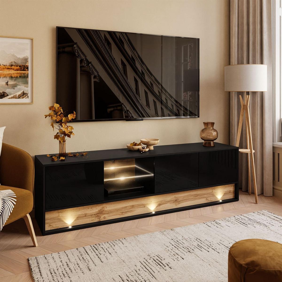 TV-ELEMENT VILLA 180 cm mit Einsatz aus Wotan Eiche - Eiche Wotan/Schwarz, Holzwerkstoff (180/50/40cm) - Lookway