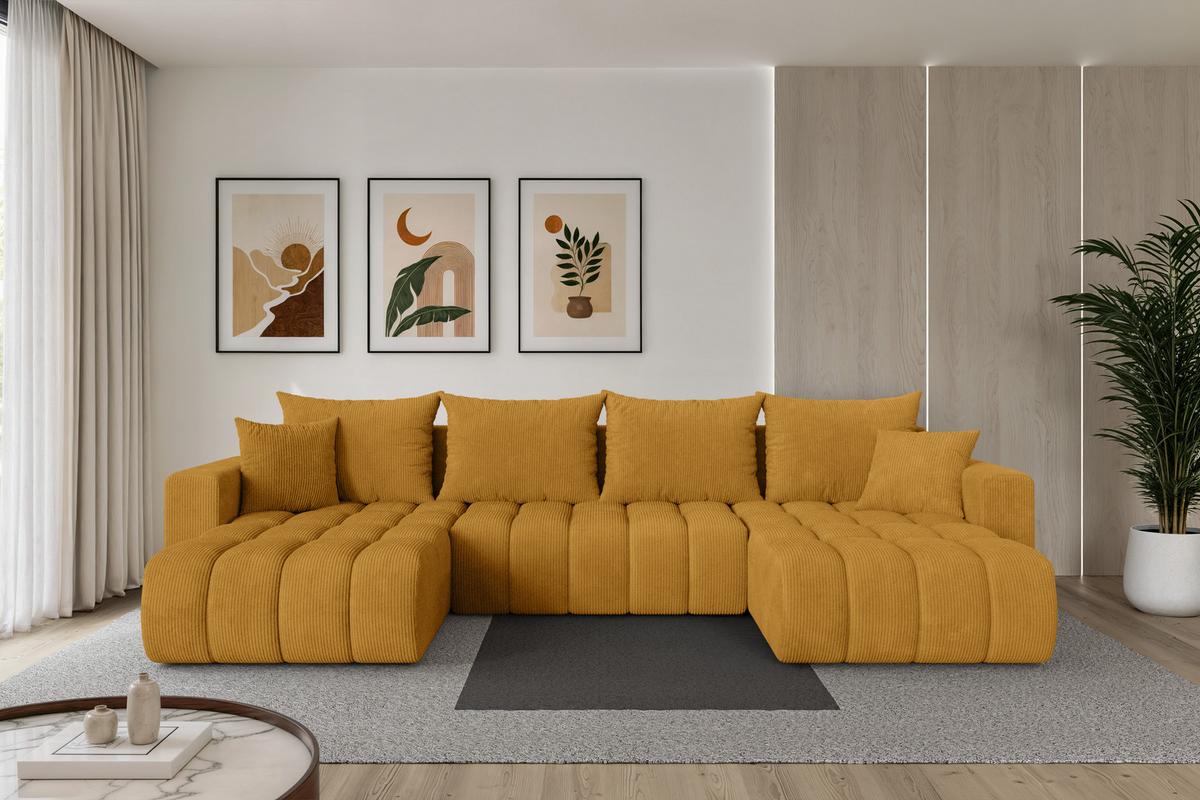 WOHNLANDSCHAFT mit Schlaffunktion und Bettkasten MILA-U-v1 378x194x86 Senfgelb Cord - Dunkelgelb/Schwarz, Holzwerkstoff/Kunststoff (378/86/194cm) - ALTDECOR