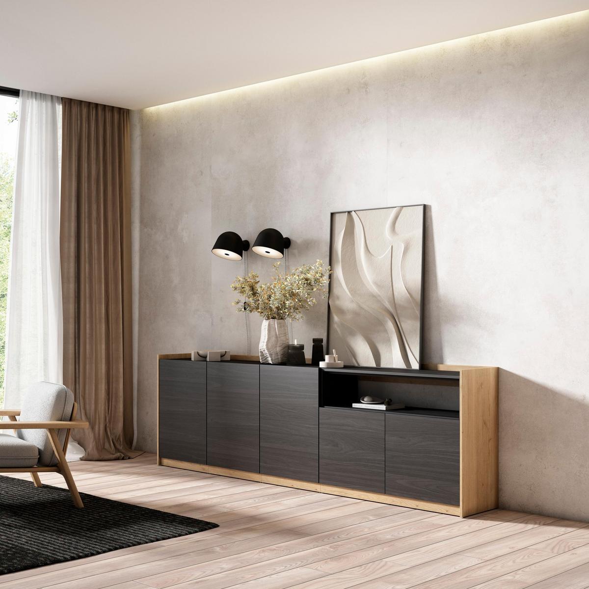 SIDEBOARD, Highboard, Schwarz Eiche, 260/37/80cm - Schwarz, Holzwerkstoff (260/80/37cm) - Skraut Home