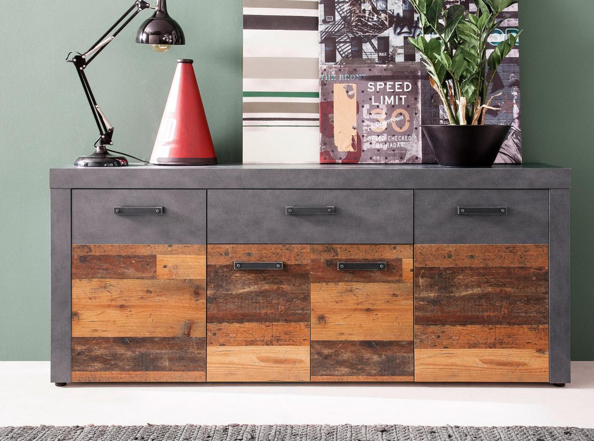 SIDEBOARD Used Wood Altholz Design mit Grau 178 cm, Kommode 4-türig - Silberfarben/Schwarz, Holzwerkstoff/Kunststoff (40/77/178cm) - Top.Furn