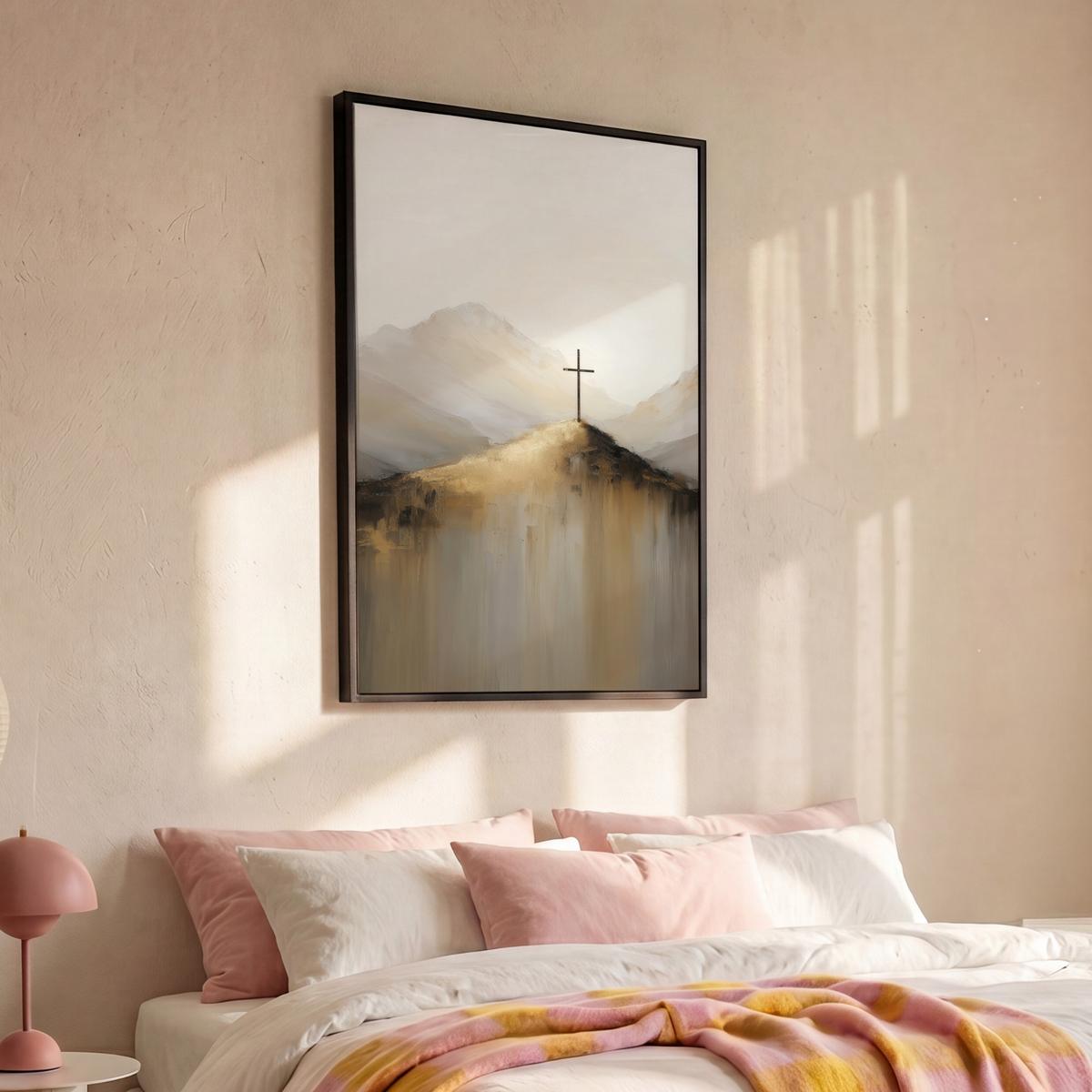 LEINWAND Bilder mit Rahmen - Hügel - Abstrakt - Kreuz - Christentum - 80x120 - Beige, Textil (80/120cm) - MuchoWow