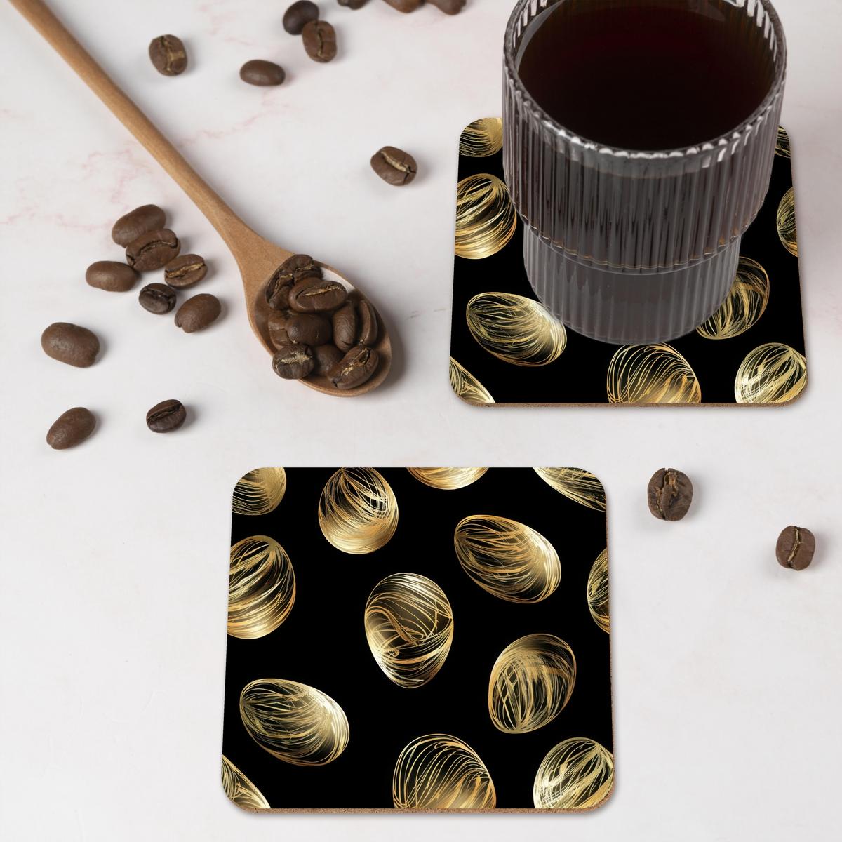 GLASUNTERSETZER 6er-Set Eier - Gold - Muster Tischset für Gläser 10x10 cm - Schwarz, Naturmaterialien (10/0.2cm) - MuchoWow