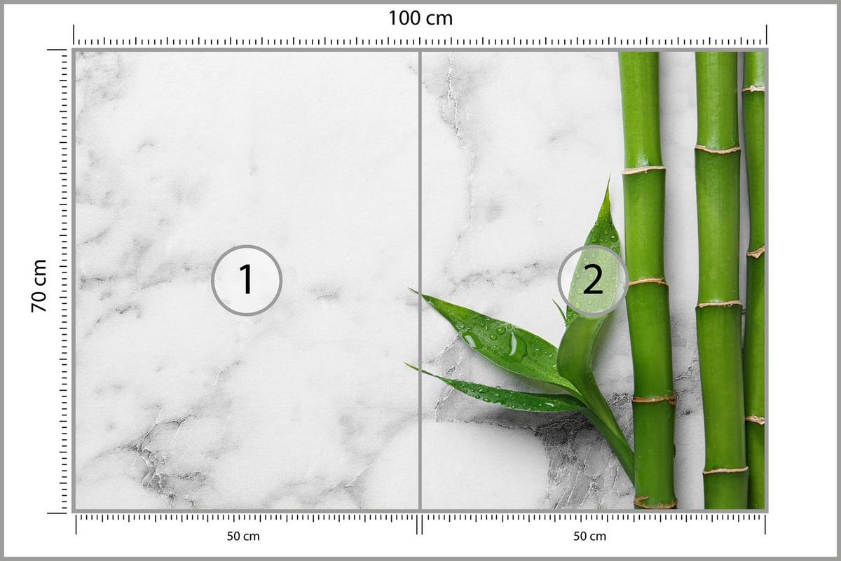 FOTOTAPETE für Küche Bambusblätter Grauer Marmor Exotisch Elegant 100x70 - Weiß/Grau, Papier (100/70cm) - Muralo